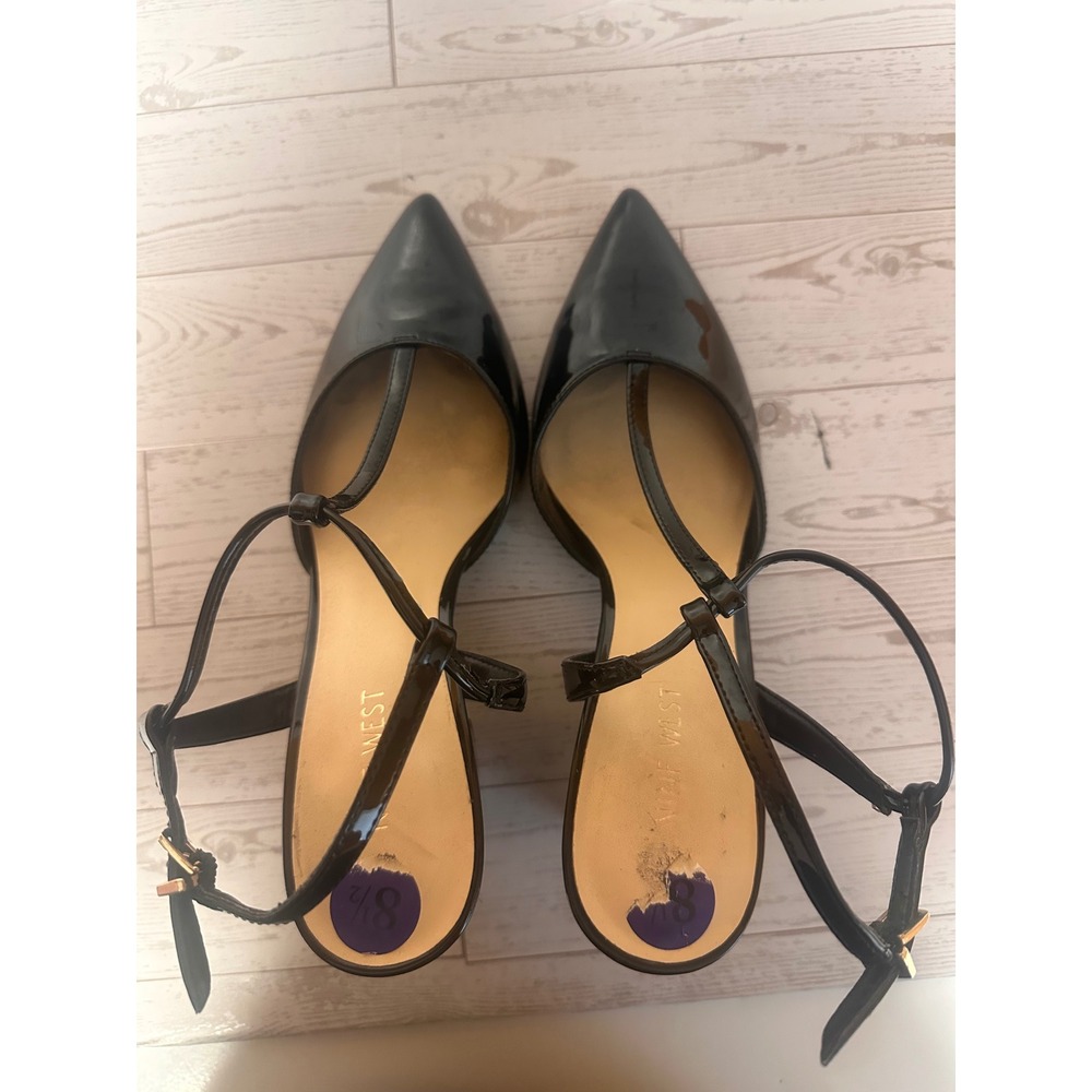 Nine West Womens Black Patent T-Strap Pointed Toe Block Heel Pumps Size 8.5M - Picture 2 of 8